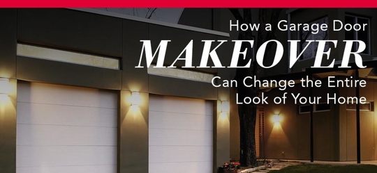 A garage door makeover is the focus of this image, showing a modern home with two white garage doors and exterior lighting.