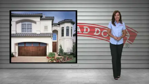 A woman stands next to a garage door, and a frame shows an example of a door on a luxurious home. The logo on the garage door reads "Head Door".